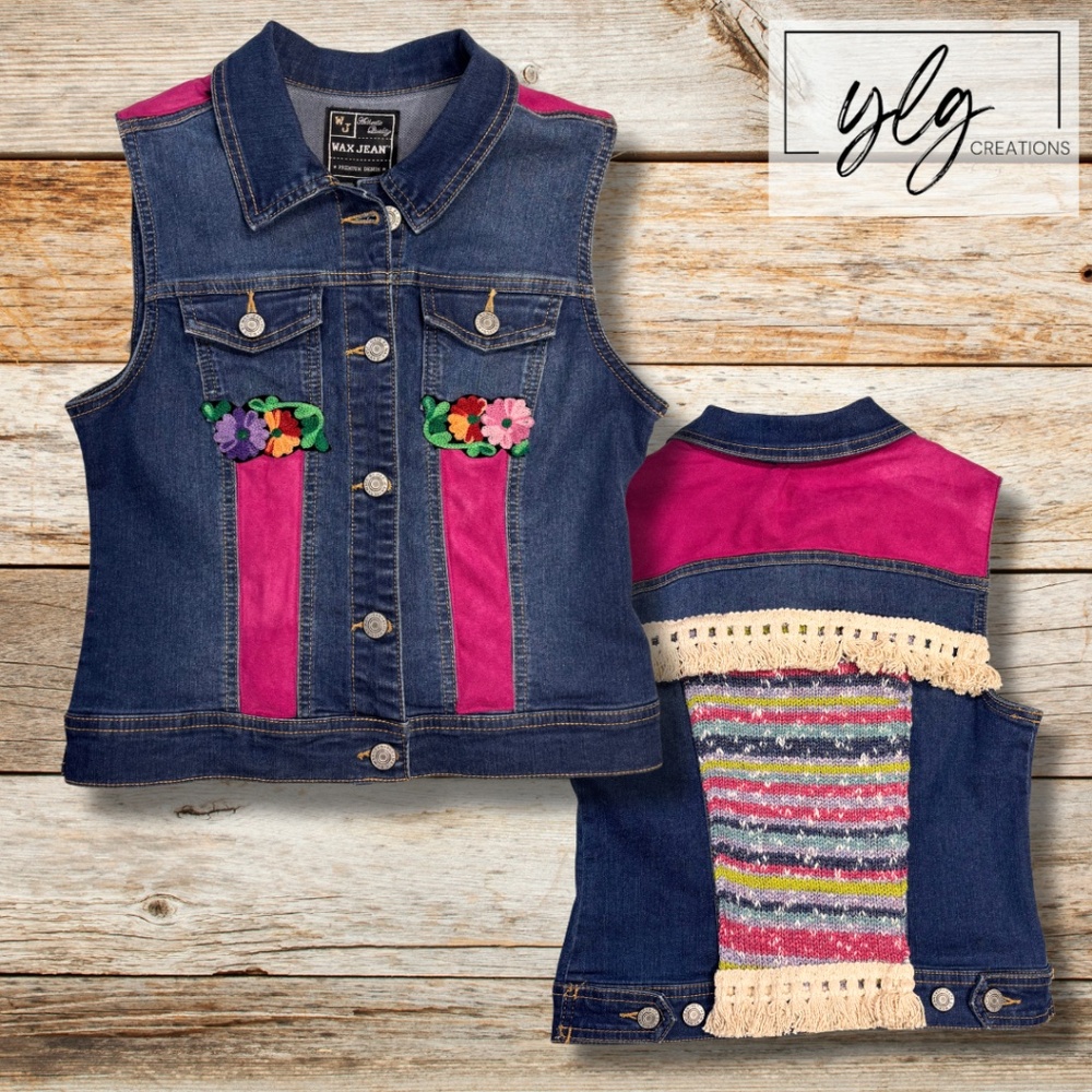 Festival Denim Vest Boho Artsy Flower Appliqué Winter Vibes Colorful Fun